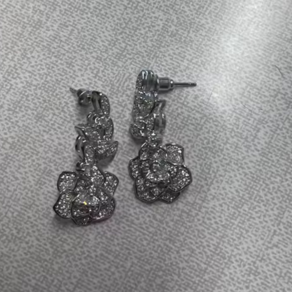 Rose Silver Crystal Diamond Earrings – Floral Statement Jewelry - Picture 8 of 9